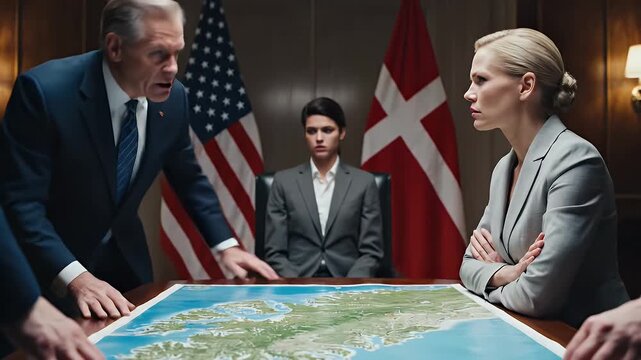 Intense Diplomatic Negotiation Scene - A tense negotiation takes place in a formal setting with an American and a Danish flag in the background.