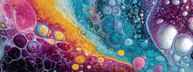 Vibrant abstract painting with swirling colors and bubbles
