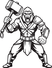 Fototapeta premium Aggressive muscular gorilla warrior mascot in armor holding a large hammer, roaring fiercely, in a black and white illustration style.