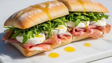 Fresh Italian baguette sandwich with delicate prosciutto, creamy mozzarella, vibrant arugula, and golden olive oil drizzle on a crisp ciabatta bun. Gourmet healthy meal.