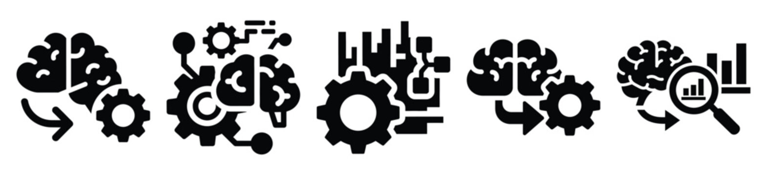 Stylized icon set of a  machine learning analytics on white background. Machine learning silhouette Icons in solid and silhouette versions.
