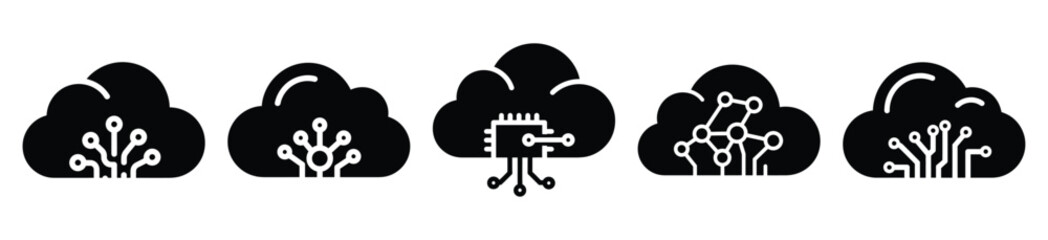 Stylized icon set of a  machine learning cloud on white background. Machine learning silhouette Icons in solid and silhouette versions.
