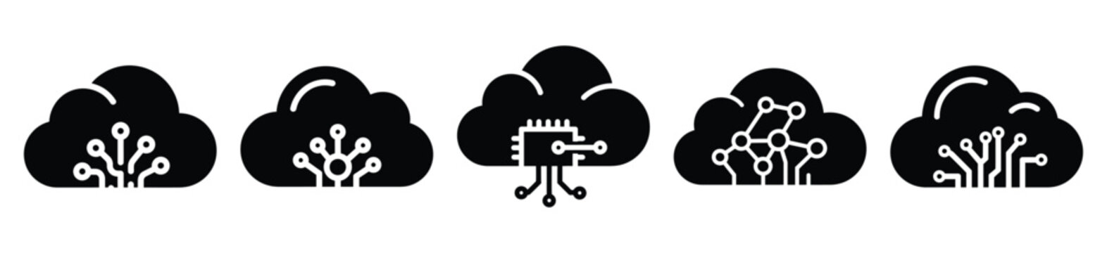 Stylized icon set of a  machine learning cloud on white background. Machine learning silhouette Icons in solid and silhouette versions.