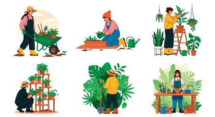 Fototapeta premium Diverse gardeners planting, watering, and arranging potted houseplants with tools in a vibrant illustrated setting