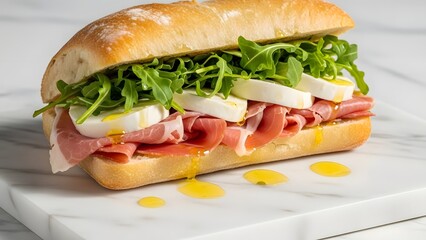 Delicious Italian panini with fresh prosciutto, creamy mozzarella, peppery arugula, and a golden olive oil drizzle on crusty bread. Perfect gourmet lunch or snack.