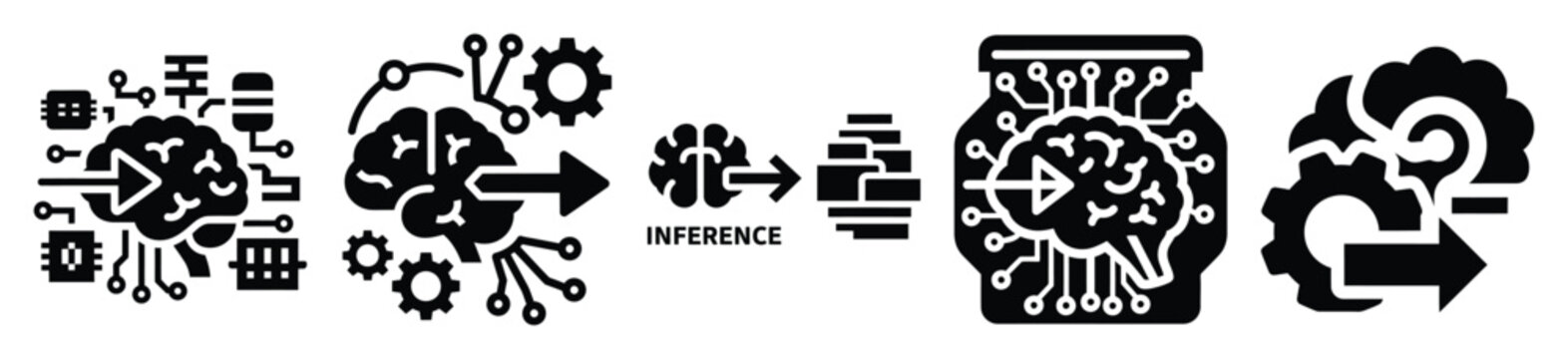 Stylized icon set of a  machine learning inference on white background. Machine learning silhouette Icons in solid and silhouette versions.