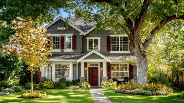Traditional two-story residential dwelling stands framed by lush mature landscaping and sunlight