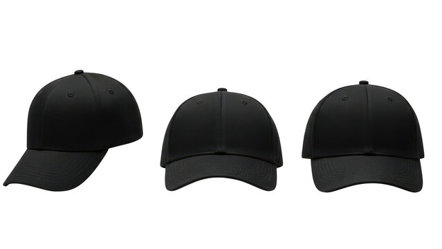 Three black baseball caps isolated on transparent background