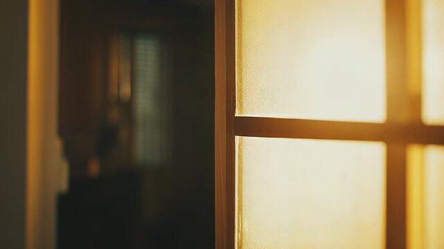 Sunlight streams through a textured translucent paper shoji screen and wooden frame, creating warm golden light and a soft, inviting glow within a traditional interior space