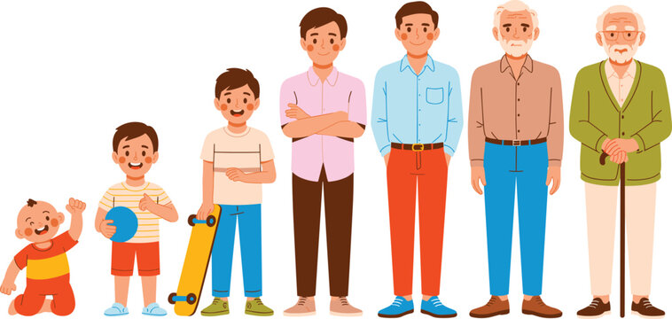 Male aging process vector illustration showing human life cycle stages from infant baby and young child to adult man and senior elderly grandfather.