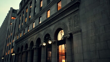 Naklejka premium A majestic historic building stands tall as the sun sets, illuminating its windows with warm orange light. The arches and columns create a stunning architectural silhouette against the evening sky.