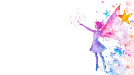 Obraz premium Whimsical fairy with colorful wings spreads magic and joy, surrounded by vibrant stars and sparkles, creating dreamy atmosphere