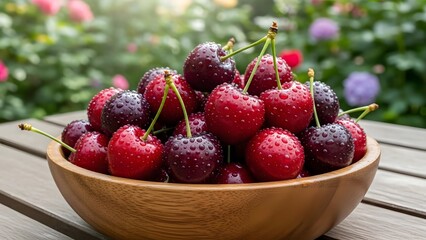 Fresh, ripe cherries with glistening water droplets in a rustic wooden bowl, set against a beautiful blurred garden background. Perfect for healthy eating and summer fruit concepts.
