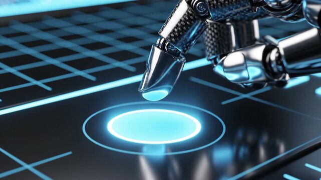 Close up of metallic robotic hand finger tapping glowing futuristic blue interface button on a dark screen