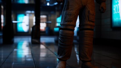 Obraz premium A space traveler stands in a busy urban area illuminated by vibrant neon lights. The wet pavement reflects the colorful glow, creating an atmosphere of futuristic exploration.