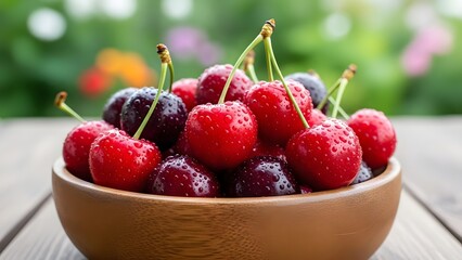 Vibrant red and dark cherries glistening with fresh water droplets in a rustic wooden bowl, showcasing healthy, sweet summer fruit. Perfect for food, healthy eating, and harvest themes.
