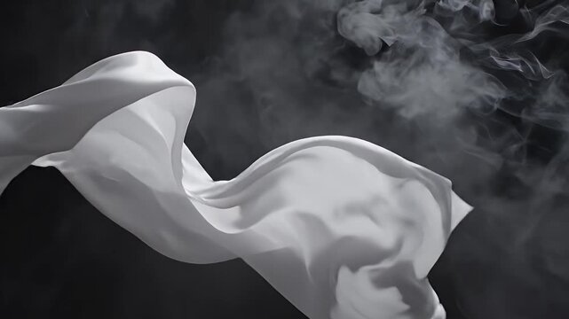 White Fabric Flowing with Smoke - A soft white fabric appears to be flowing or rippling, set against a dark background with wisps of smoke or mist.