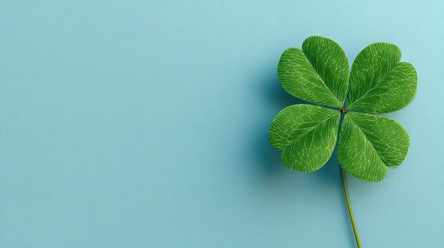 Found a good luck four leaf clover standing out from meadow of green clovers. Unique discovery of a rare 4 leaf clover for St Patricks day charm or to symbolize luck, good fortune, or prosperity