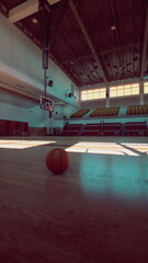Natural sunlight pours into the empty gym, highlighting a single basketball on the polished wooden floor. The atmosphere is calm and inviting, perfect for practice or a casual game.