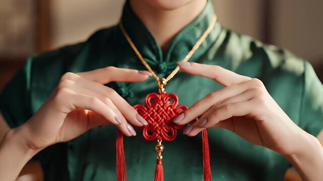 Woman Displaying Chinese Knot Necklace - A woman wearing a green cheongsam holds a red Chinese knot necklace with golden details in her hands, showcasing the intricate design.