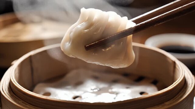 Steaming Dumpling in Bamboo Steamer - This video captures a single dumpling being lifted by chopsticks from a steaming bamboo steamer.