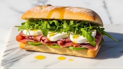 Delicious Italian prosciutto sandwich with fresh mozzarella, vibrant arugula, and crisp cucumber, drizzled with olive oil on ciabatta. Gourmet healthy food.