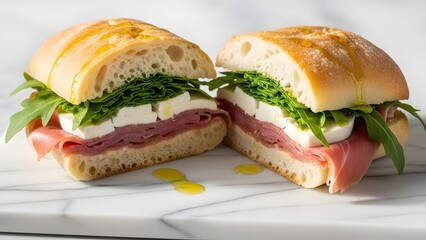 Gourmet ciabatta sandwich with fresh prosciutto, creamy mozzarella, crisp arugula, drizzled with olive oil on a white marble surface. Perfect for healthy lunch, Italian cuisine, or cafe menu.