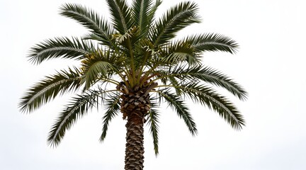 Fototapeta premium Palm tree with green fronds and brown trunk isolated against a white sky