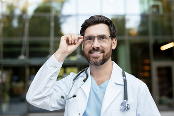 Obraz premium Experienced male doctor wearing a white coat and stethoscope, smiling confidently and adjusting eyeglasses, standing outdoors against a modern hospital or clinic building
