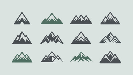 A collection of stylized mountain icons is displayed varying in color and detail against a light gray background high quality professional detailed modern elegant stylish clean