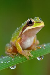 Obraz premium Tiny Green Amphibian Perched Gracefully On A Dew-Kissed Leaf
