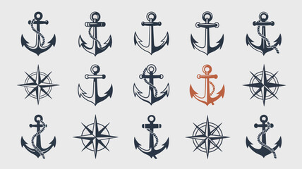 A collection of nautical emblems features various anchor designs alongside compass roses creating a vintage seafaring aesthetic high quality professional detailed modern elegant stylish clean crisp © MdRafiqul