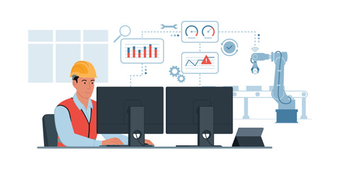 Predictive maintenance engineer working in the factory and monitoring equipment