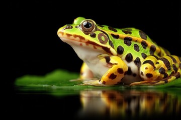 Obraz premium Vibrant Amphibian Resting Gracefully on Foliage Near Reflective Water Surface And Transparent