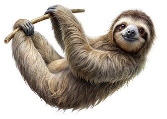 Obraz premium Cute sloth hanging from tree branch isolated on white