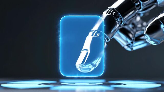 Close-up of metallic robotic hand pressing a glowing blue button that activates and expands into a futuristic blank digital interface screen.