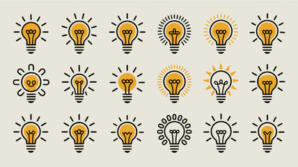Fototapeta premium A collection of various lightbulb icons is displayed against a pale beige background representing ideas and innovation high quality professional detailed modern elegant stylish clean crisp