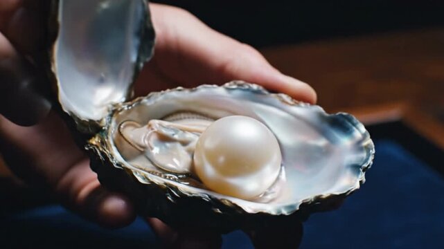 Hands Gently Opening Oyster Shell Revealing Glowing Pearl Inside