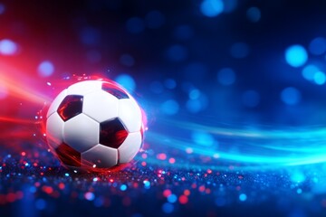 Naklejka premium Abstract 3D Soccer Scene with Glowing Elements in Dark Blue Background