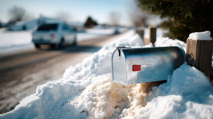 Obraz premium Snow covered rural mailbox on roadside in winter scene for seasonal use