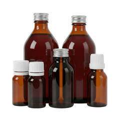 Collection of amber glass bottles isolated on transparent background