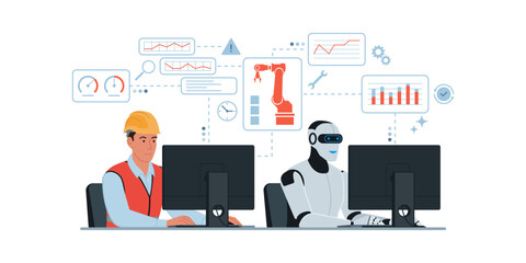 Engineer and AI robot working together in a factory