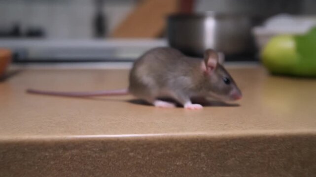 A small mouse is perched on a countertop in a kitchen