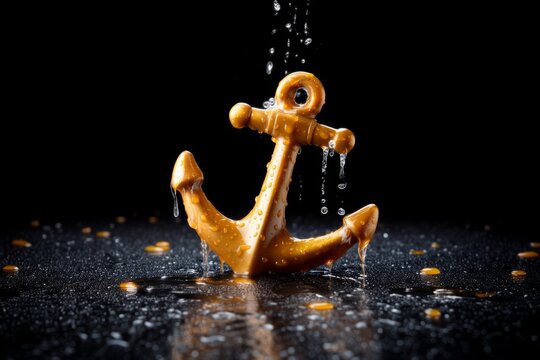 Rusty Anchor Slowly Rising From Dark Water With Heavy Water Drips Falling
