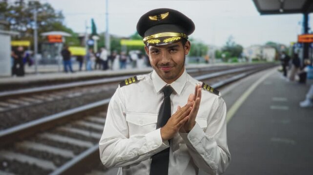Young pilot man in white shirt and tie, wearing a peaked cap and epaulets, hands clasped in a praying gesture while smiling on a crowded train platform building; confidence travel optimism.