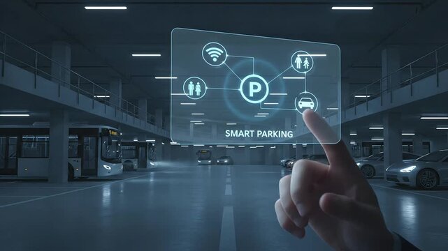 Futuristic smart parking interface displayed in a modern underground garage with buses and cars