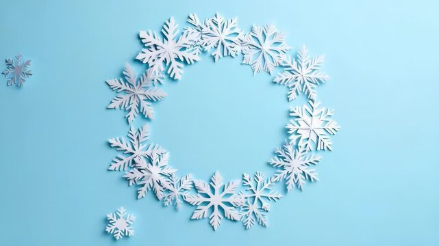White paper snowflakes arranged in a circle on a light blue background.