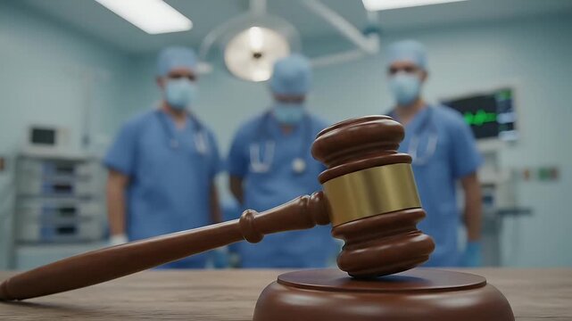Medical Malpractice Lawsuit Court Gavel in Operating Room with Blurred Surgeons and Medical Equipment