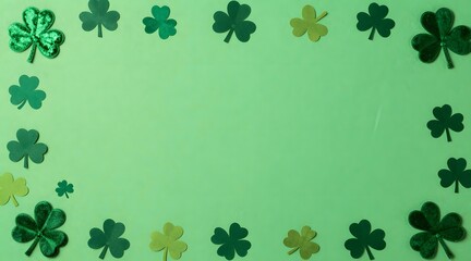 Fototapeta premium Green background with various shamrocks forming a frame around copy space