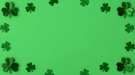 Fototapeta premium Frame of shamrock leaves creates a fresh, festive border on a light green background